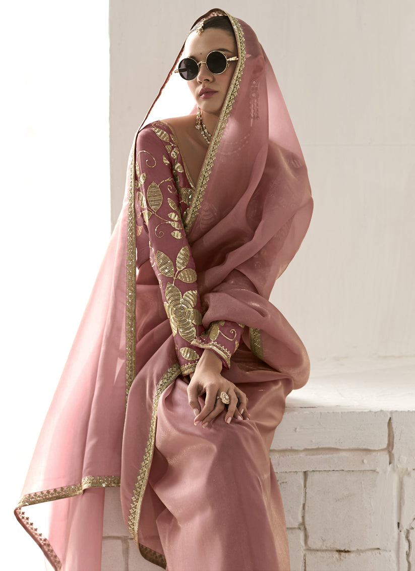 Old Rose Tissue Embroidered Designer Wedding Saree