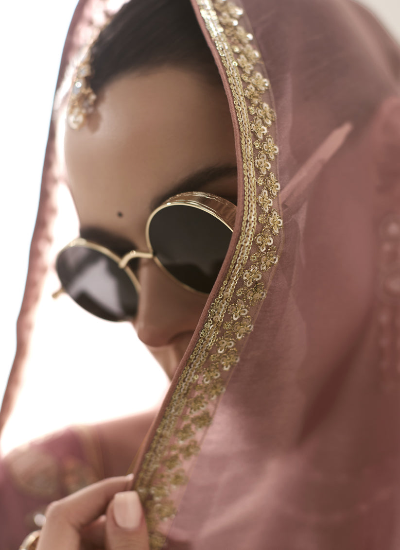 Old Rose Tissue Embroidered Designer Wedding Saree