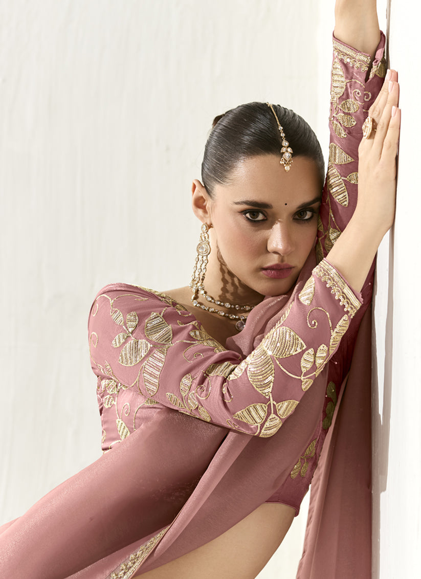 Old Rose Tissue Embroidered Designer Wedding Saree