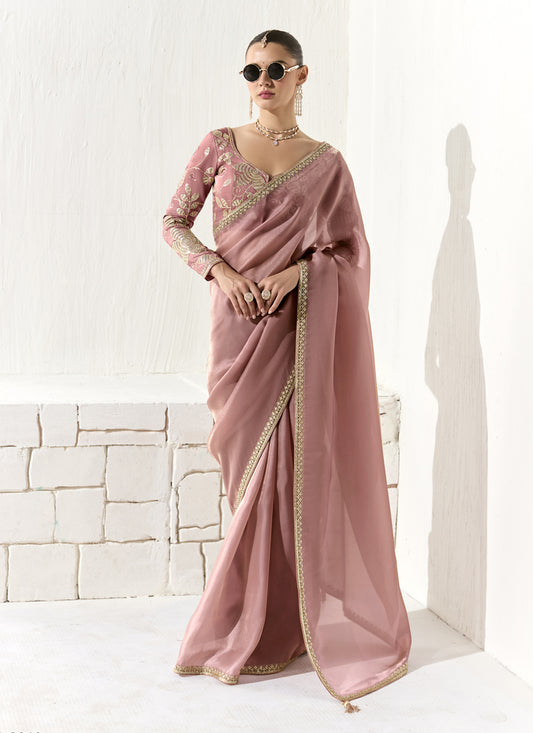 Old Rose Tissue Embroidered Designer Wedding Saree