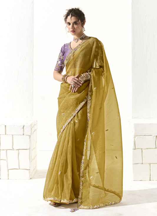 Maize Yellow Tissue Embroidered Designer Wedding Saree