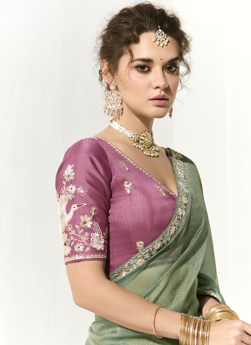 Mint Green Tissue Embroidered Designer Wedding Saree