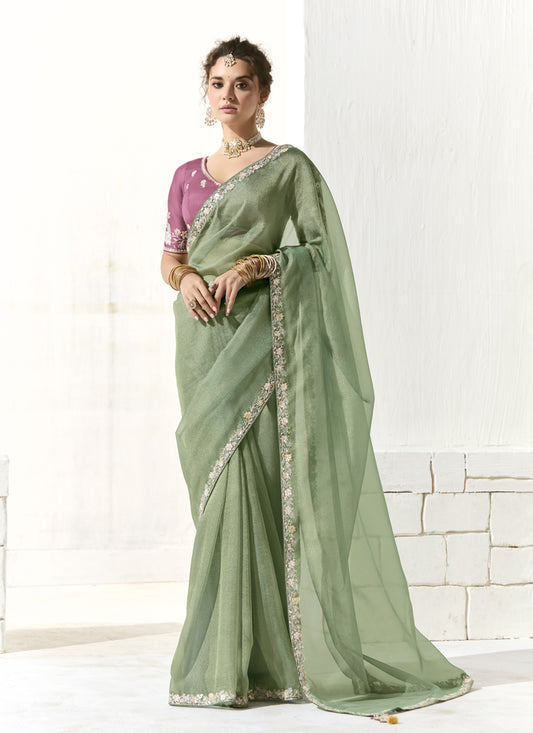 Mint Green Tissue Embroidered Designer Wedding Saree