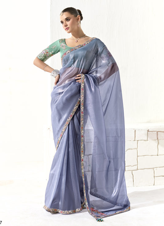 Periwinkle Tissue Embroidered Designer Wedding Saree