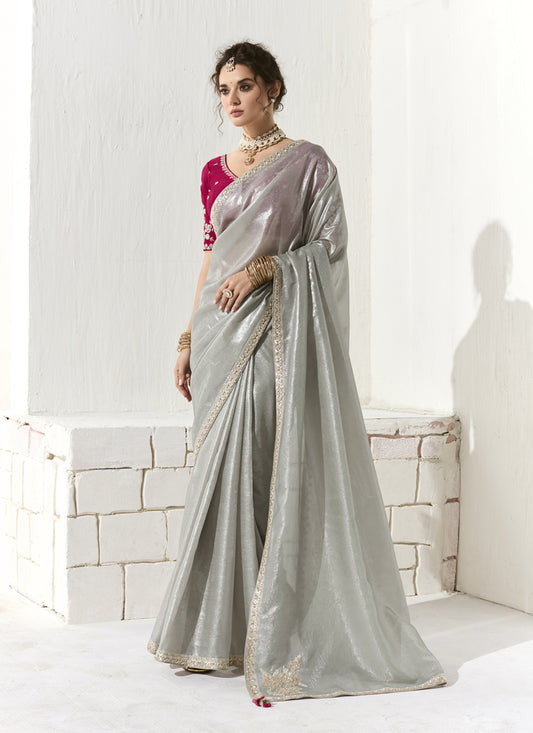 Silver Tissue Embroidered Designer Wedding Saree