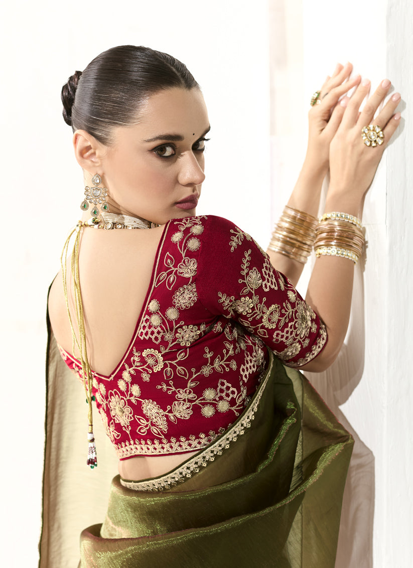 Mehendi Green Tissue Embroidered Designer Wedding Saree