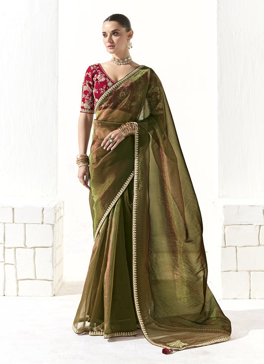 Mehendi Green Tissue Embroidered Designer Wedding Saree