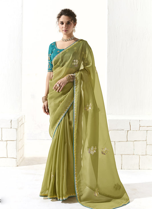 Pistachio Green Tissue Embroidered Designer Wedding Saree
