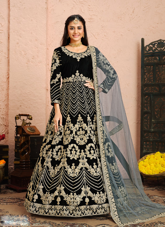 Black Velvet Embroidered Designer Anarkali Suit