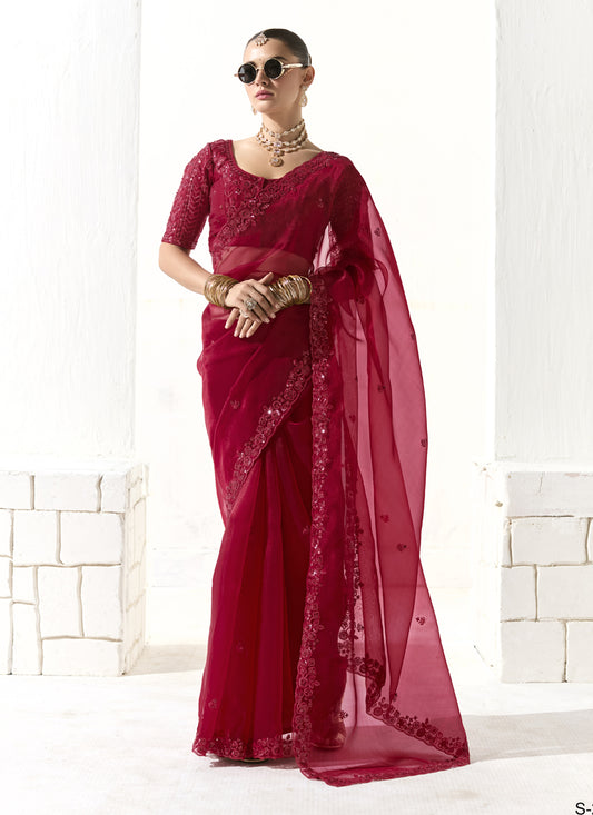 Cherry Red Tissue Embroidered Designer Wedding Saree