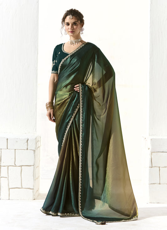 Pine Green and Mehendi Green Tissue Embroidered Designer Wedding Saree