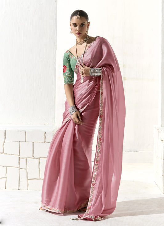 Carnation Pink Tissue Embroidered Designer Wedding Saree