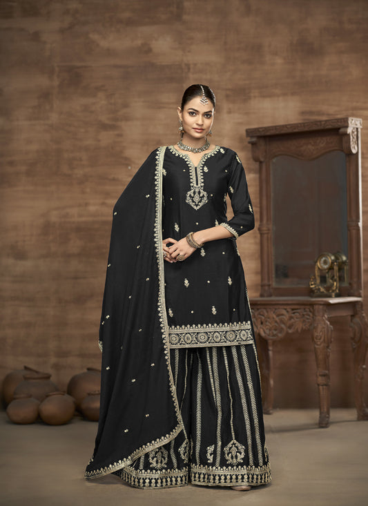 Black Chinnon Silk  Embroidered Readymade Palazzo Kameez