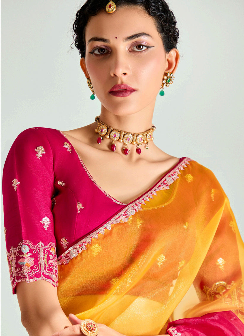Golden Yellow and Hot Pink Organza Tissue Embroidered Designer Wedding Saree