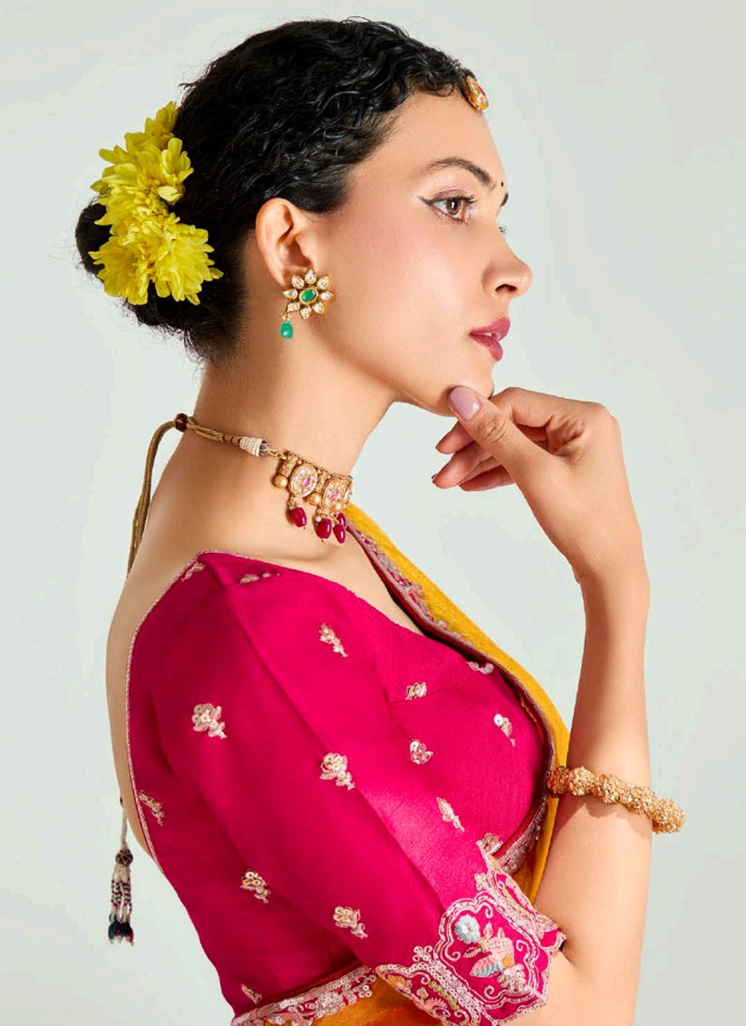 Golden Yellow and Hot Pink Organza Tissue Embroidered Designer Wedding Saree