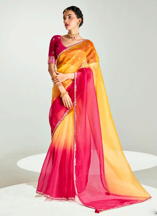 Golden Yellow and Hot Pink Organza Tissue Embroidered Designer Wedding Saree