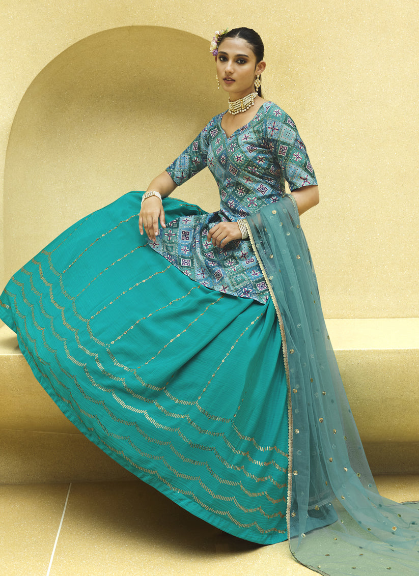 Firozi Chinnon Silk Embellished Designer Lehenga Kameez