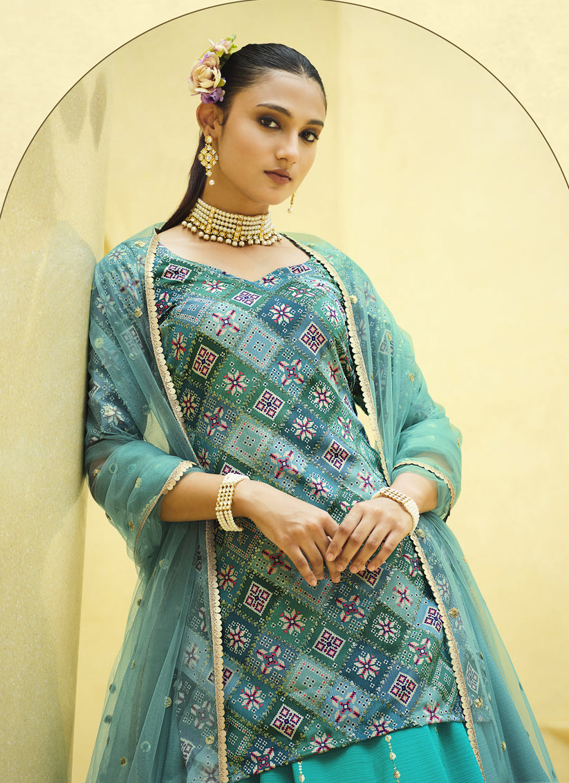 Firozi Chinnon Silk Embellished Designer Lehenga Kameez