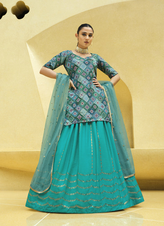 Firozi Chinnon Silk Embellished Designer Lehenga Kameez