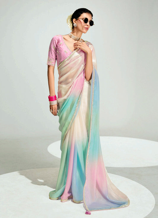 Multicolor Organza Tissue Embroidered Designer Wedding Saree