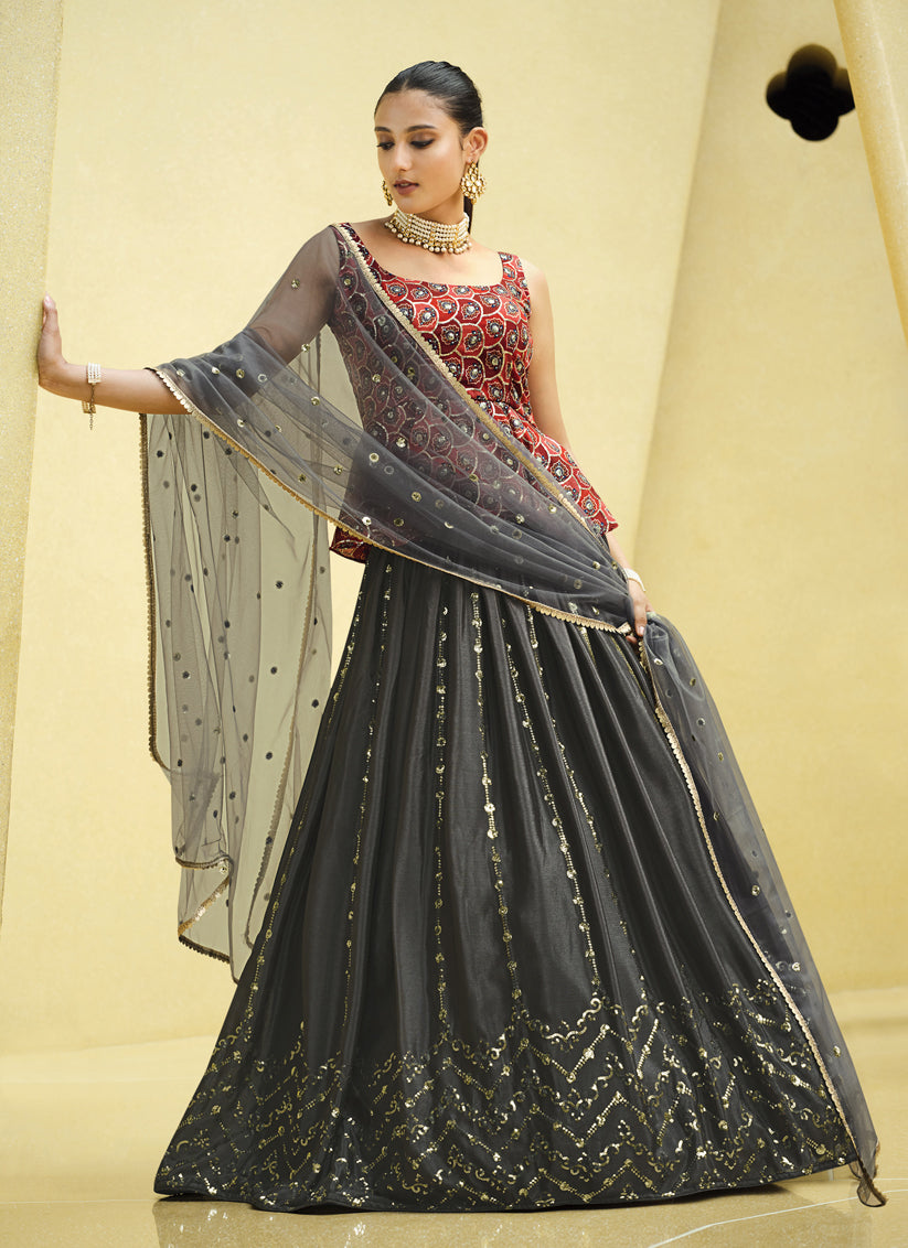 Charcoal Grey Chinnon Silk Embellished Designer Lehenga Choli