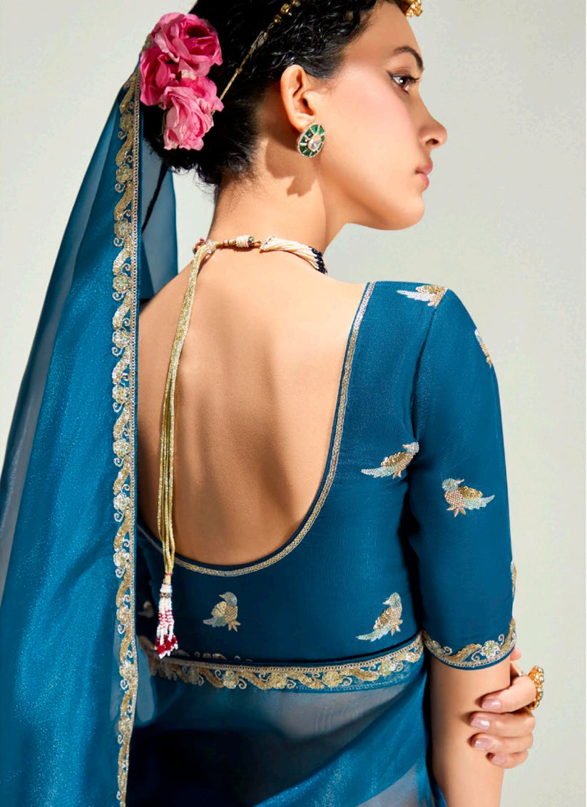 Peacock Blue and Burgundy Organza Tissue Embroidered Designer Wedding Saree