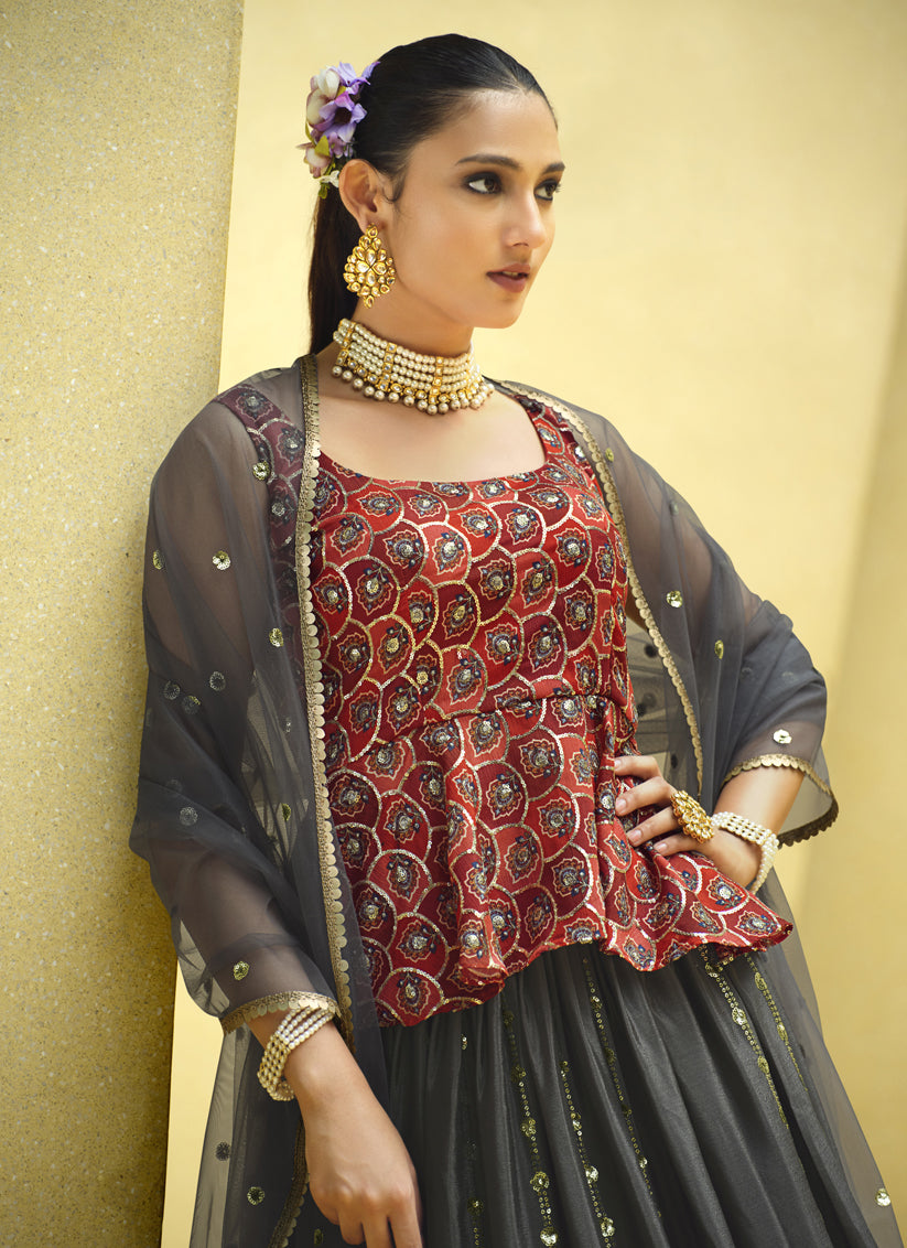 Charcoal Grey Chinnon Silk Embellished Designer Lehenga Choli