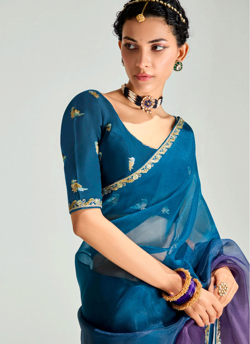 Peacock Blue and Burgundy Organza Tissue Embroidered Designer Wedding Saree
