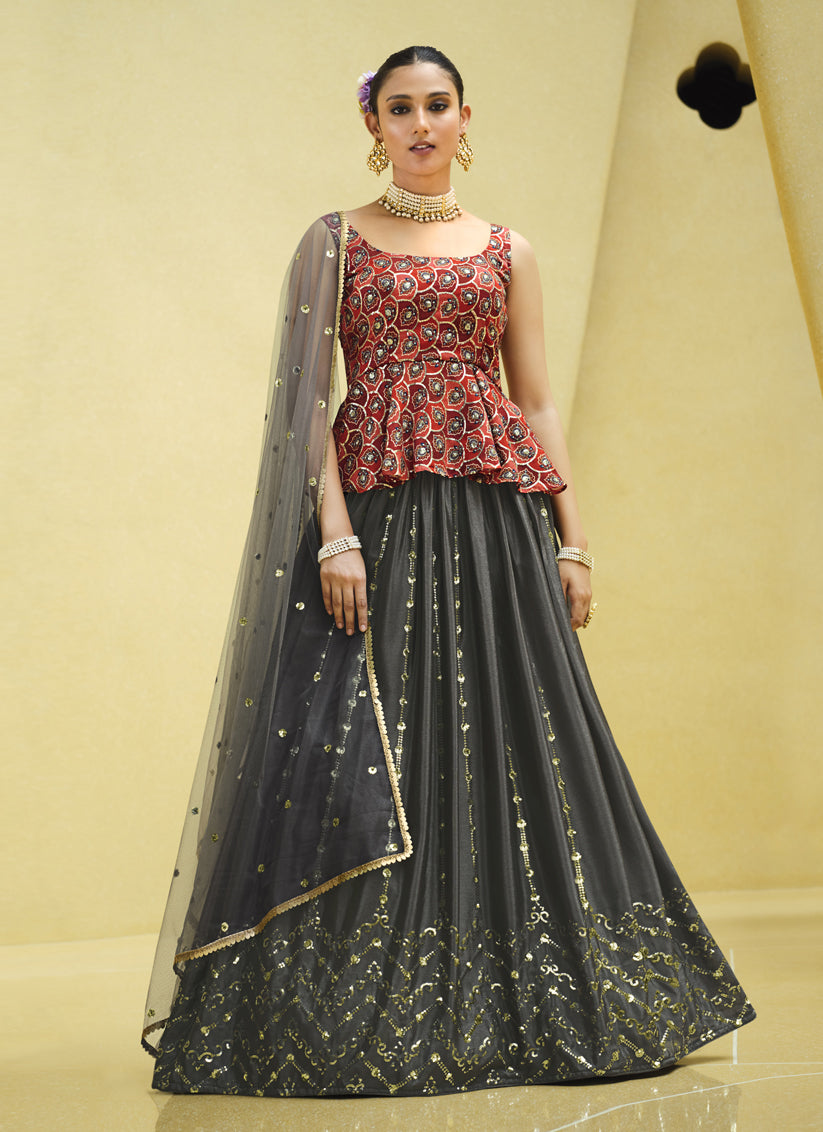 Charcoal Grey Chinnon Silk Embellished Designer Lehenga Choli