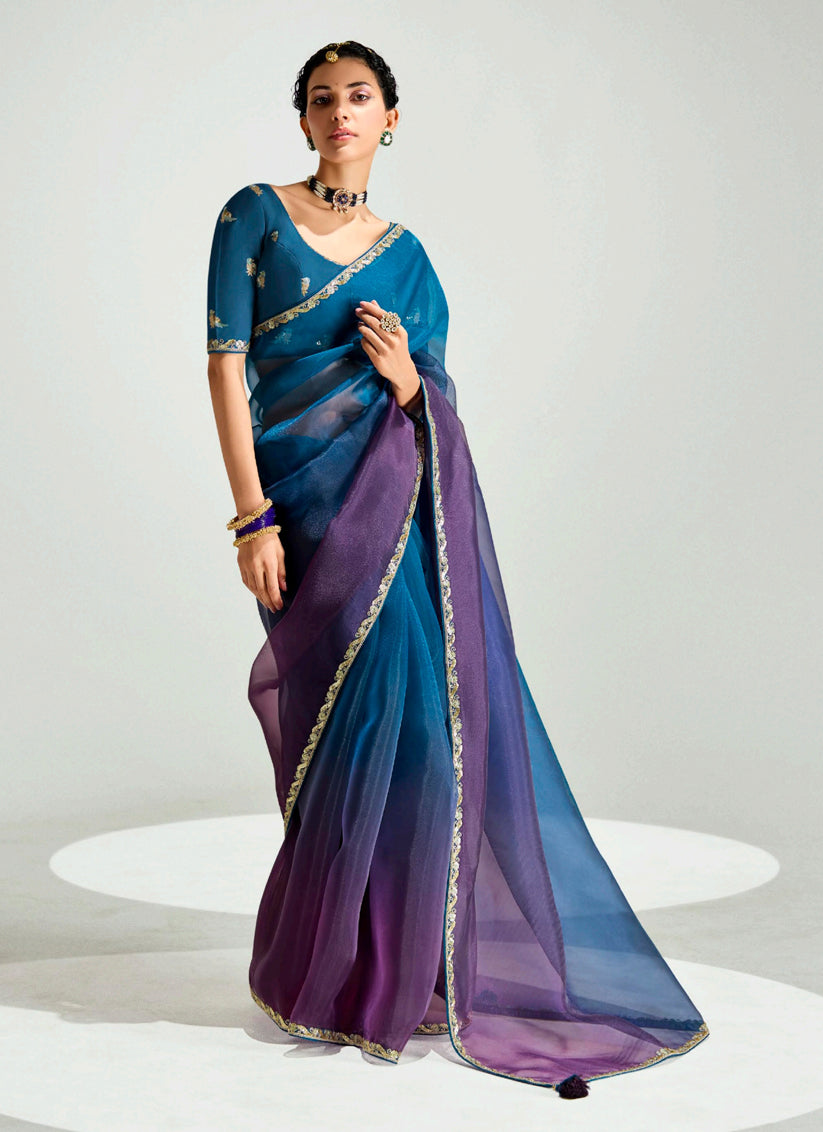 Peacock Blue and Burgundy Organza Tissue Embroidered Designer Wedding Saree