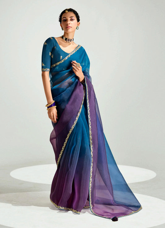 Peacock Blue and Burgundy Organza Tissue Embroidered Designer Wedding Saree