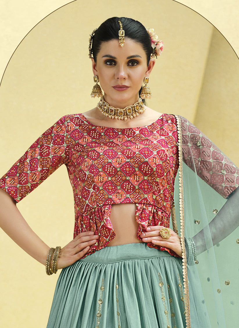 Mint Blue Chinnon Silk Embellished Designer Lehenga Choli