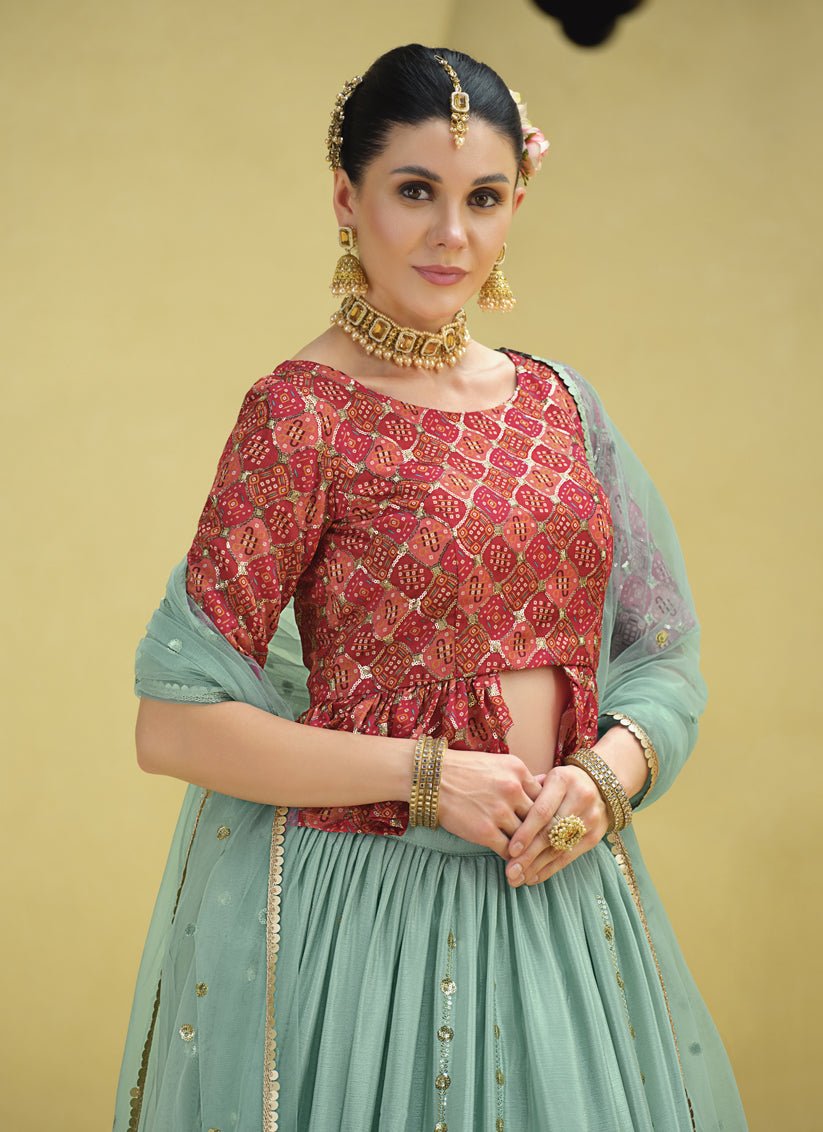 Mint Blue Chinnon Silk Embellished Designer Lehenga Choli