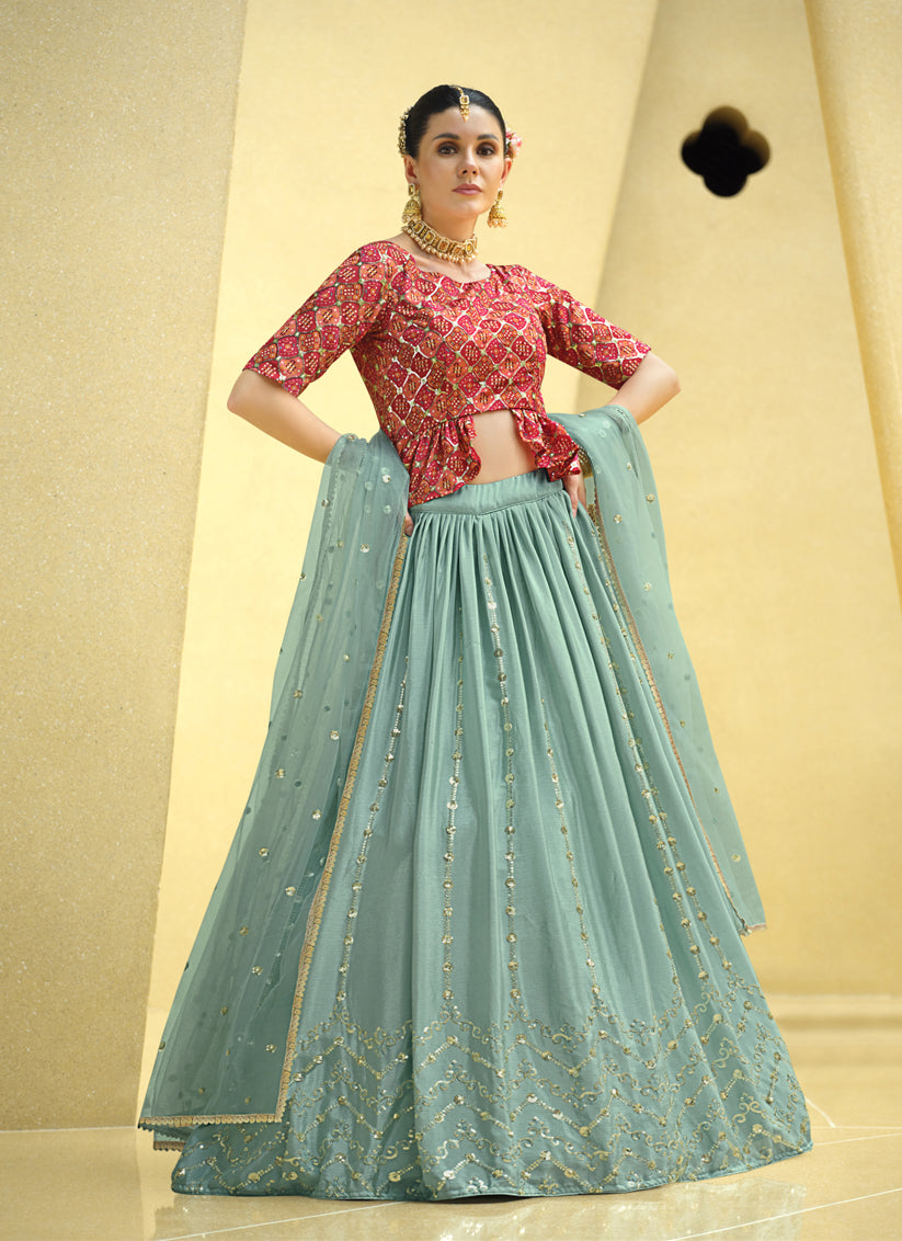 Mint Blue Chinnon Silk Embellished Designer Lehenga Choli