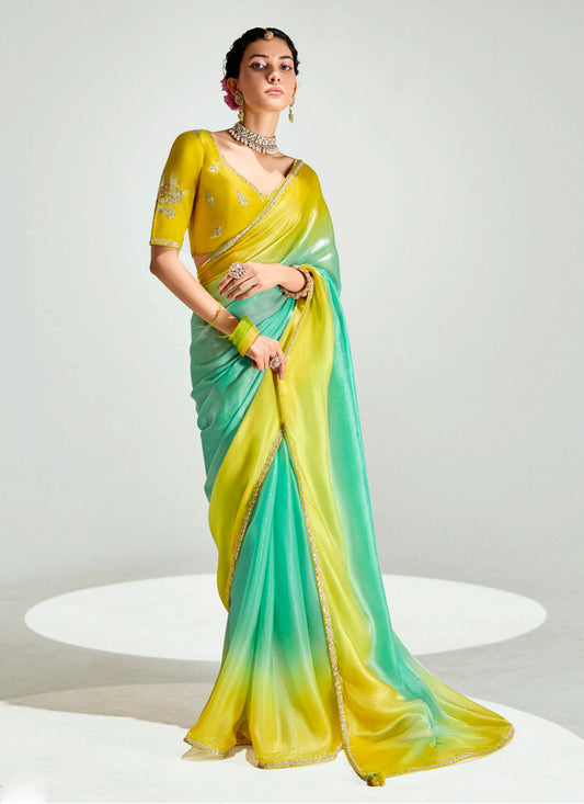Sea Green and Lemon Yellow Organza Tissue Embroidered Designer Wedding Saree