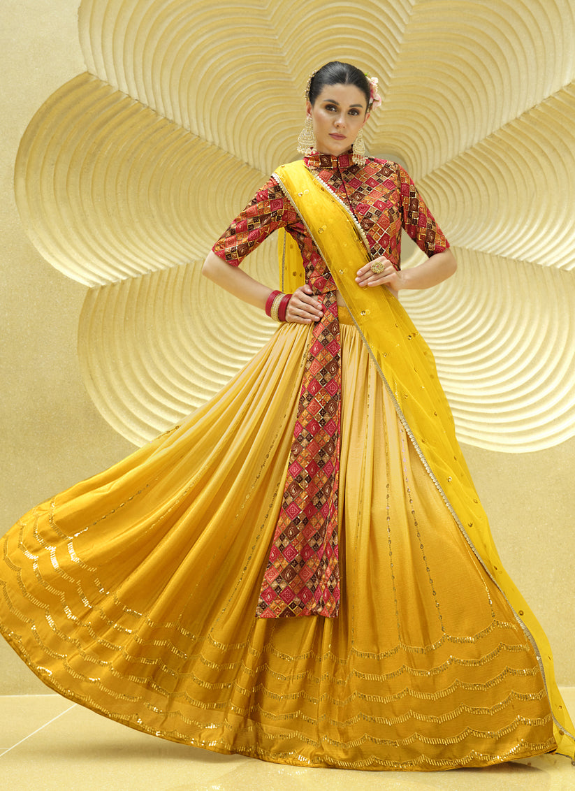 Golden Yellow Chinnon Silk Embellished Designer Lehenga Choli