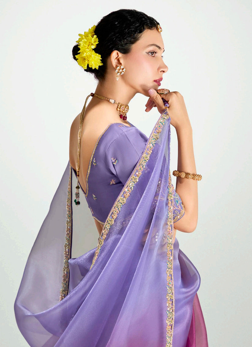 Lavender and Magenta Organza Tissue Embroidered Designer Wedding Saree