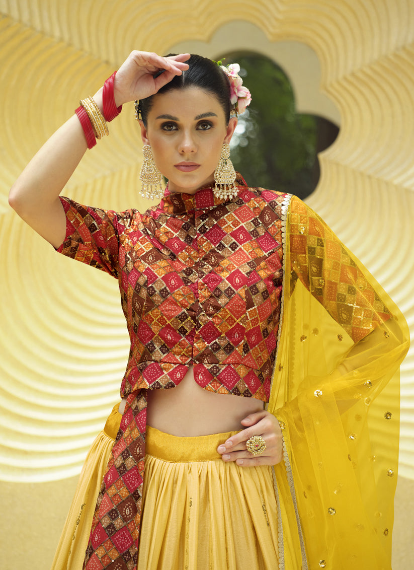 Golden Yellow Chinnon Silk Embellished Designer Lehenga Choli