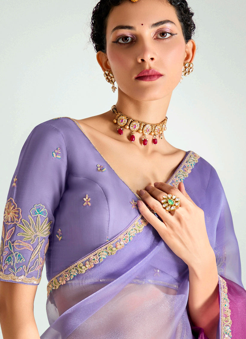 Lavender and Magenta Organza Tissue Embroidered Designer Wedding Saree