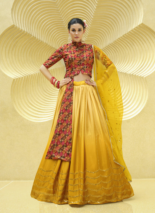 Golden Yellow Chinnon Silk Embellished Designer Lehenga Choli