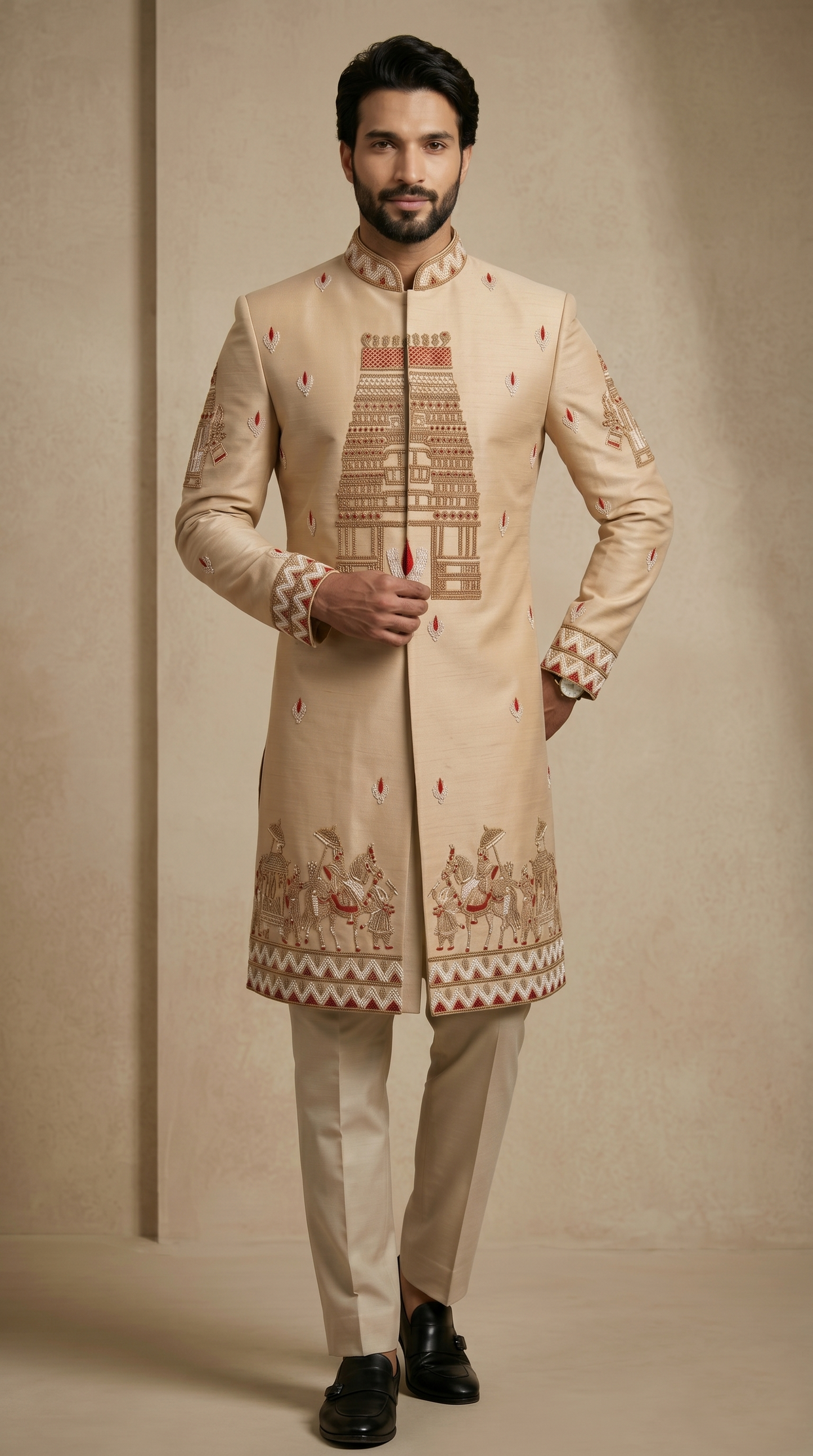Beige Satin Silk Ready Made Indo Western