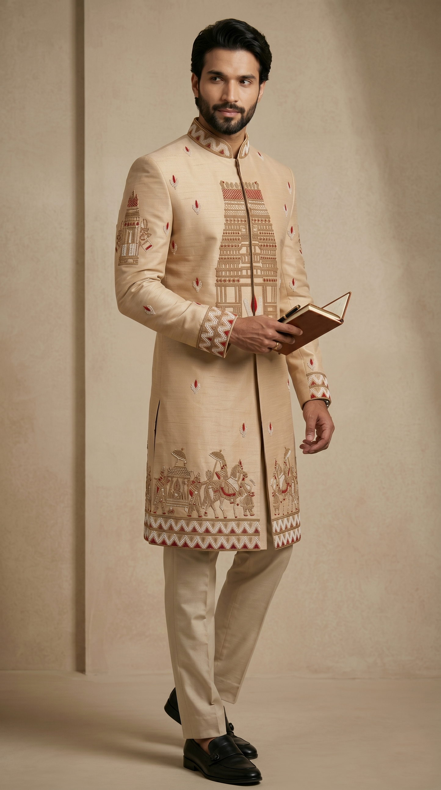 Beige Satin Silk Ready Made Indo Western