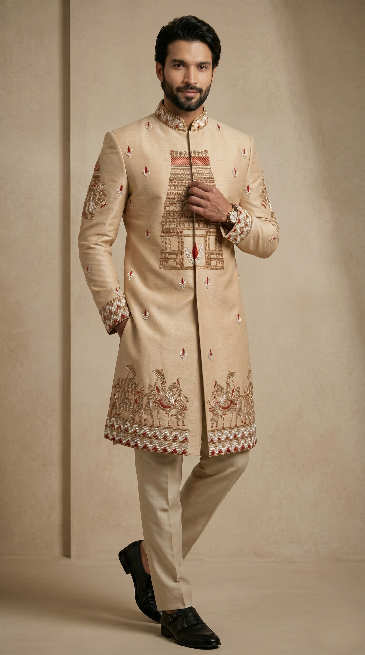Beige Satin Silk Ready Made Indo Western
