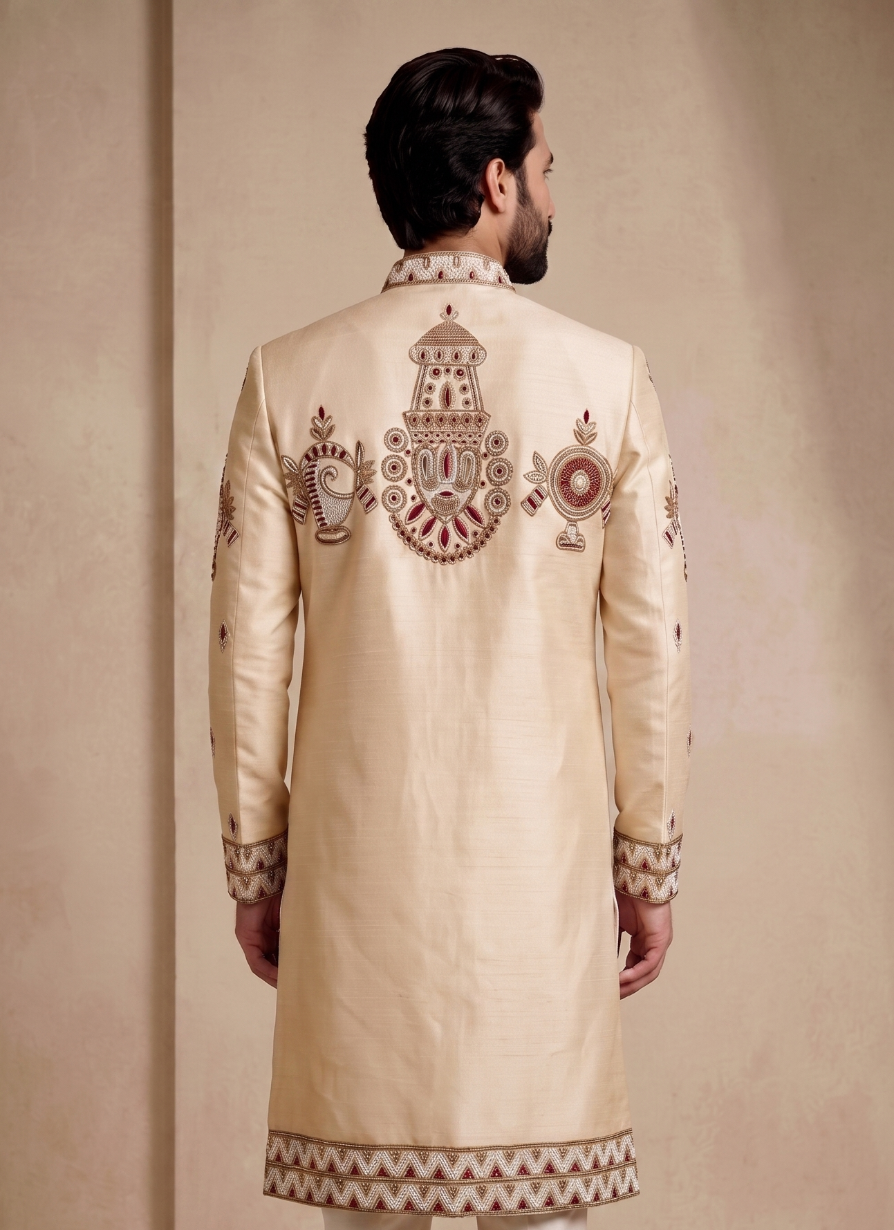 Beige Satin Silk Ready Made Indo Western