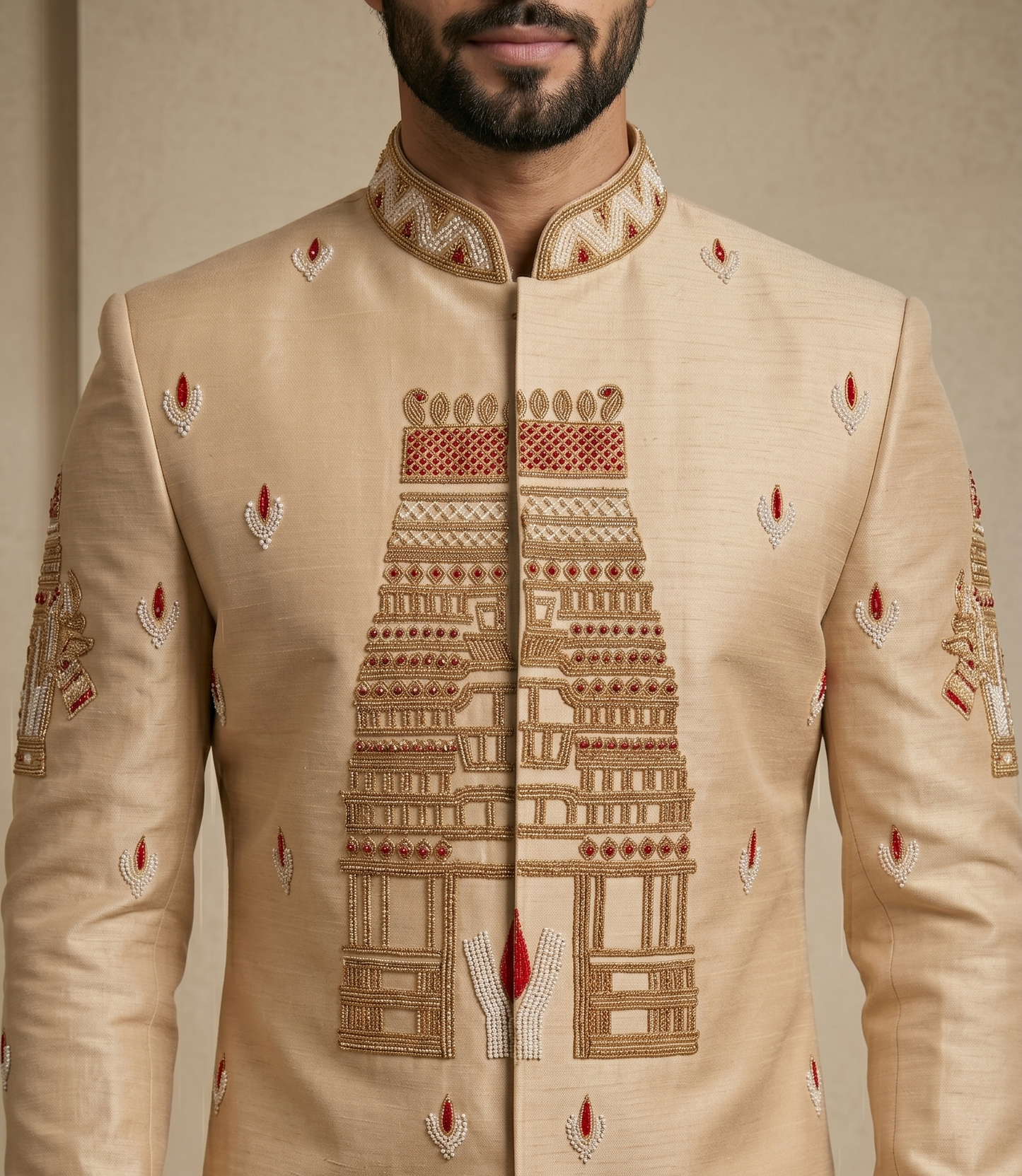 Beige Satin Silk Ready Made Indo Western