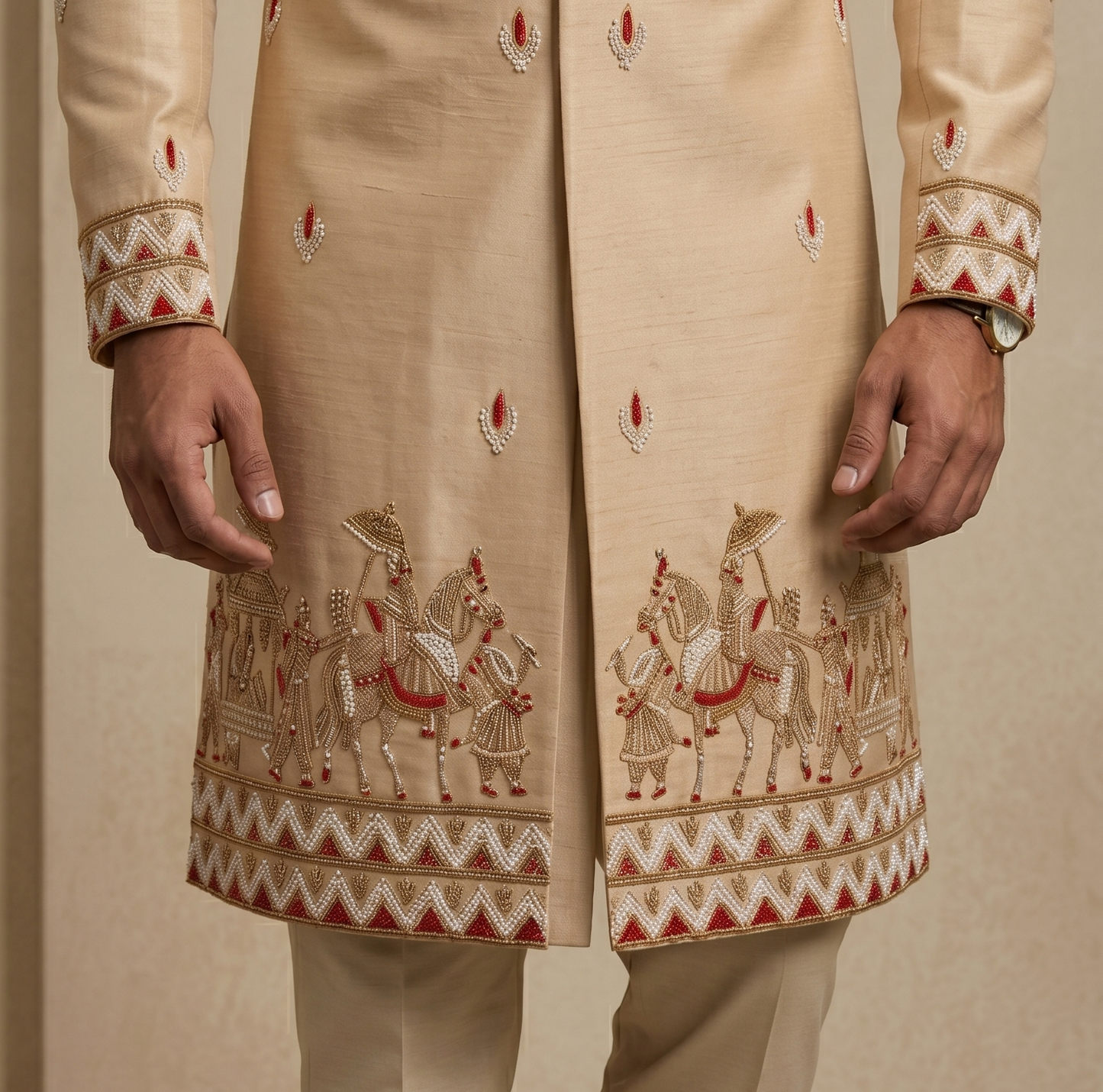 Beige Satin Silk Ready Made Indo Western