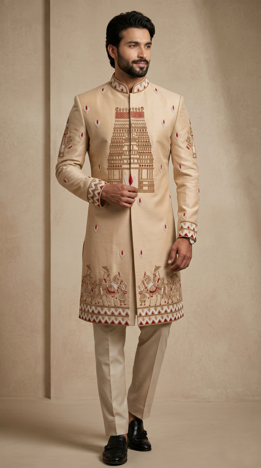 Beige Satin Silk Ready Made Indo Western