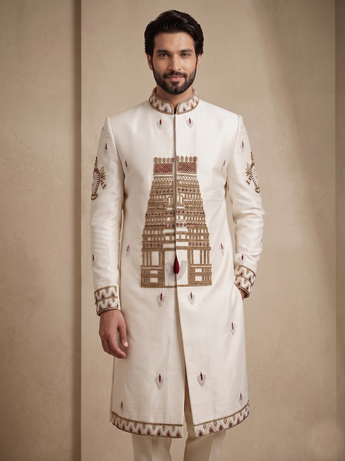 White Satin Silk Ready Made Indo Western