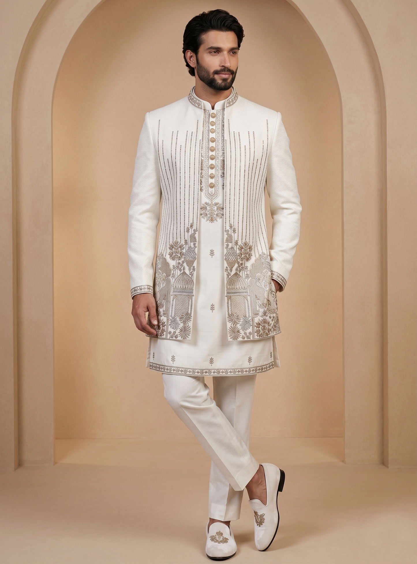 White Satin Silk Ready Made Indo Western
