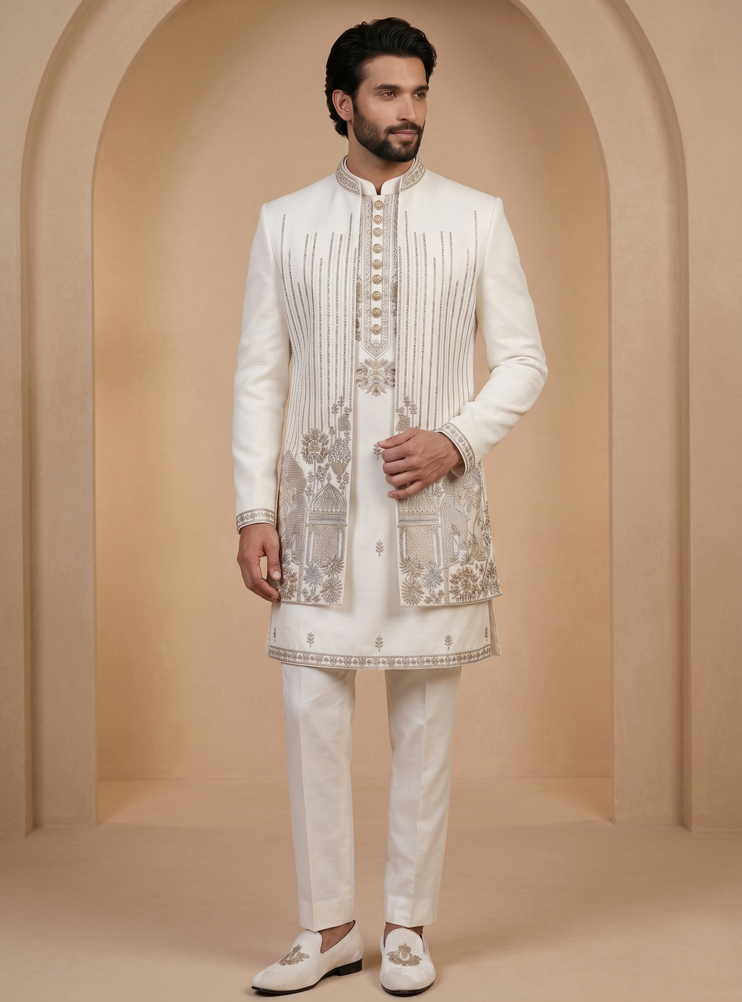 White Satin Silk Ready Made Indo Western